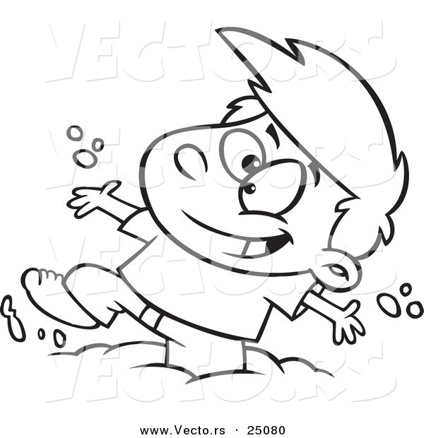 Vector of a Cartoon Boy Having Fun Playing in Mud - Outlined Coloring Page