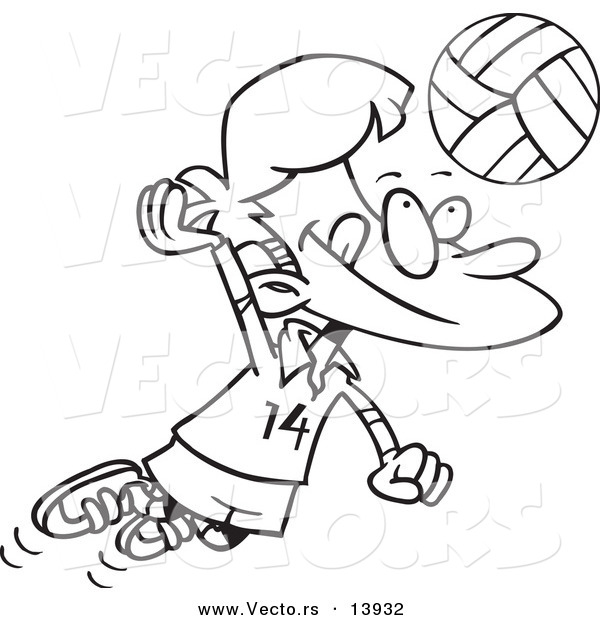Vector of a Cartoon Boy Hitting a Volleyball - Coloring Page Outline