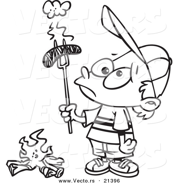 Vector of a Cartoon Boy Holding a Burnt Weenie over a Fire - Outlined Coloring Page