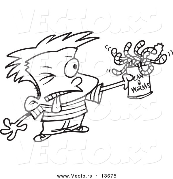 Vector of a Cartoon Boy Holding a Can of Worms - Coloring Page Outline