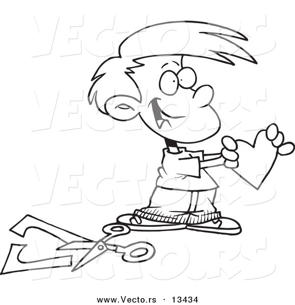 Vector of a Cartoon Boy Holding a Paper Heart - Coloring Page Outline
