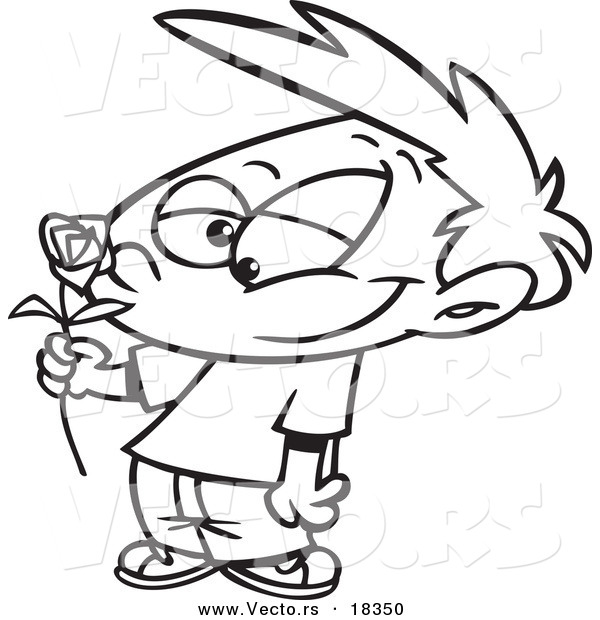 Vector of a Cartoon Boy Holding a Red Rose - Outlined Coloring Page