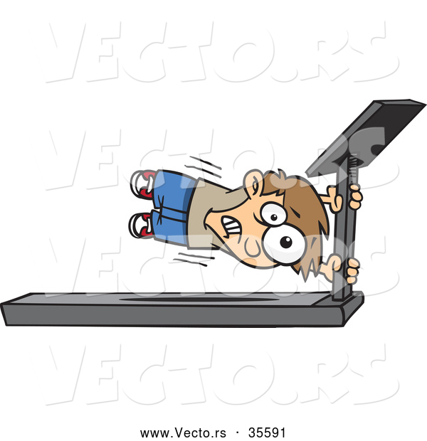 Vector of a Cartoon Boy Holding Tight to the Main Bar of a Fast Treadmill