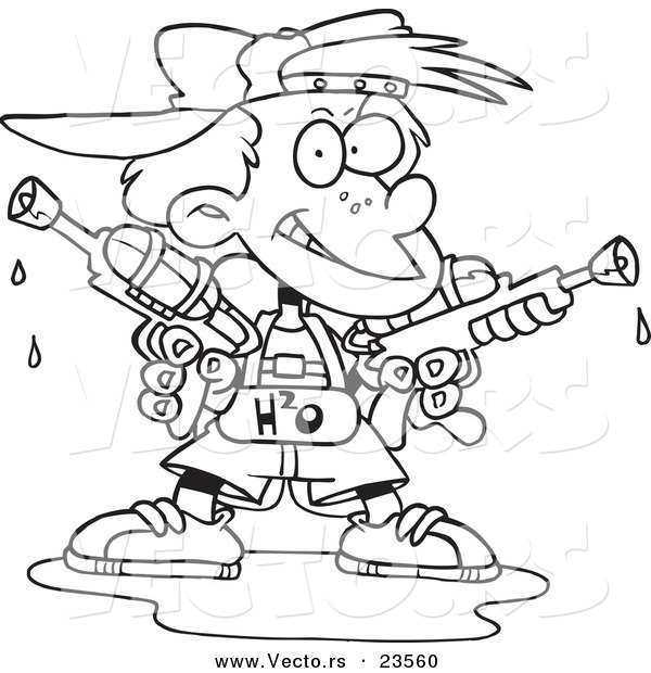 Vector of a Cartoon Boy Holding Two Soaker Guns - Coloring Page Outline