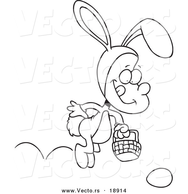 Vector of a Cartoon Boy Hopping in an Easter Bunny Costume - Outlined Coloring Page