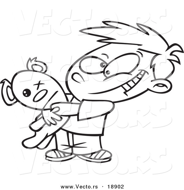 Vector of a Cartoon Boy Hugging His Mangled Teddy Bear - Outlined Coloring Page
