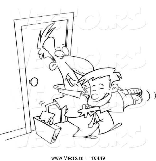 Vector of a Cartoon Boy Jumping on His Dad when He Arrives Home - Outlined Coloring Page Drawing