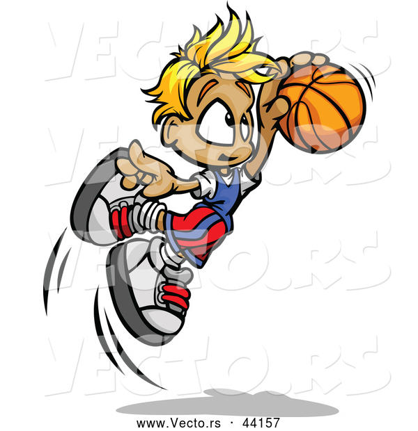 Vector of a Cartoon Boy Jumping with Basketball Towards Hoop