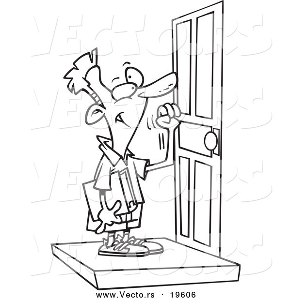 Vector of a Cartoon Boy Knocking on a Door - Outlined Coloring Page