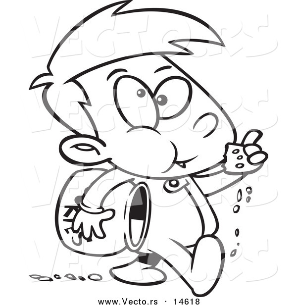Vector of a Cartoon Boy Leaving a Trail of Cookie Crumbs - Coloring Page Outline