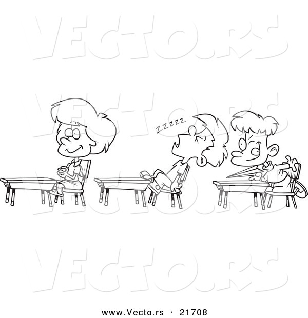 Vector of a Cartoon Boy Napping in Class - Outlined Coloring Page