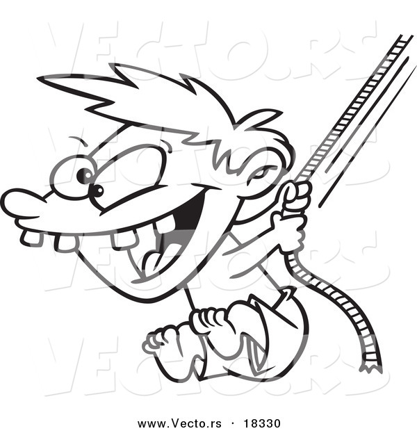 Vector of a Cartoon Boy on a Rope Swing - Outlined Coloring Page