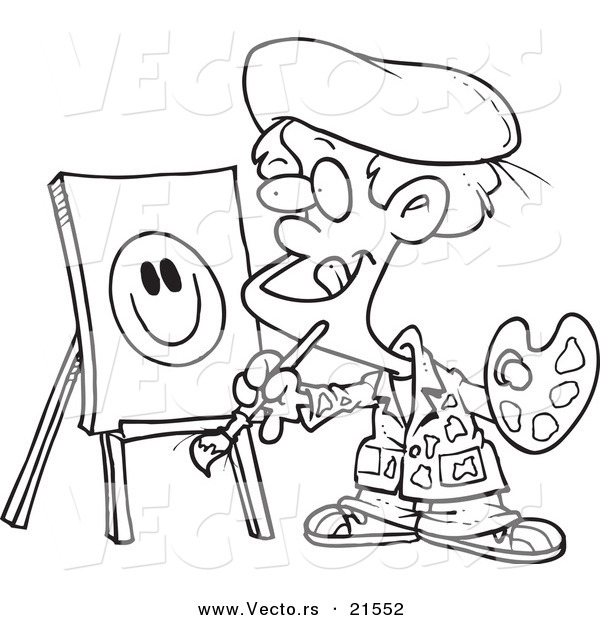 Vector of a Cartoon Boy Painting a Smiley Face - Outlined Coloring Page
