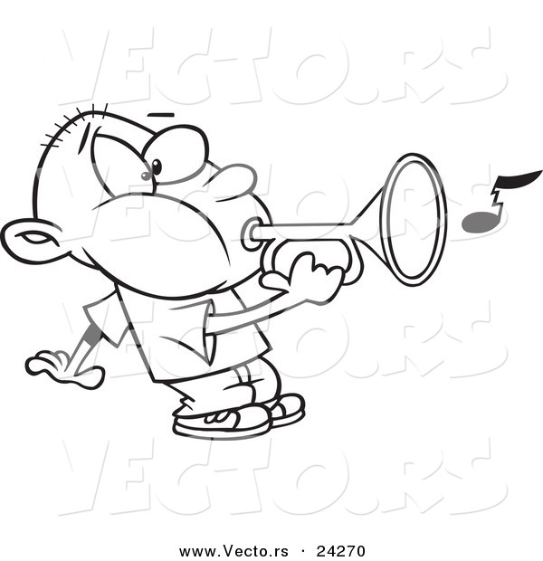 Vector of a Cartoon Boy Playing a Bugle - Outlined Coloring Page