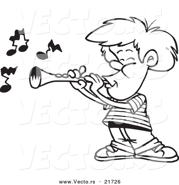 Vector of a Cartoon Boy Playing a Clarinet - Outlined Coloring Page