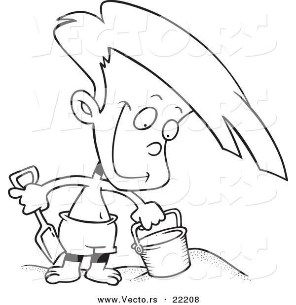 Vector of a Cartoon Boy Playing in the Sand - Outlined Coloring Page