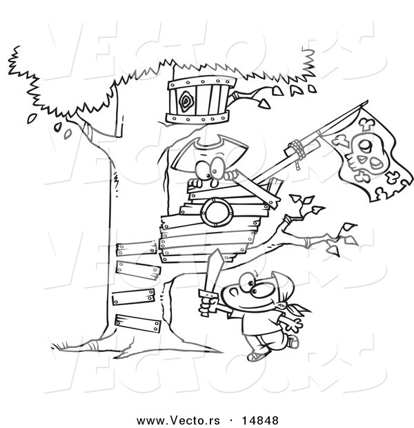 Vector of a Cartoon Boy Playing near His Pirate Tree House - Coloring Page Outline