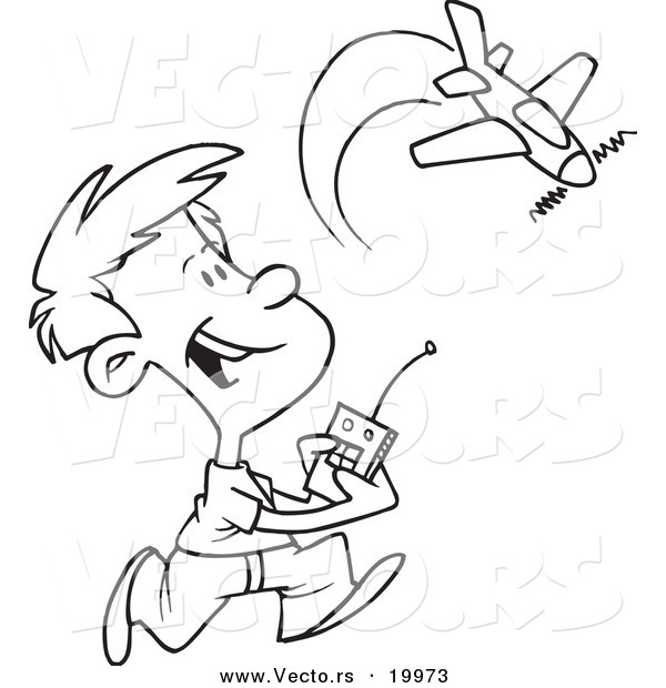 Vector of a Cartoon Boy Playing with a Remote Control Airplane - Outlined Coloring Page