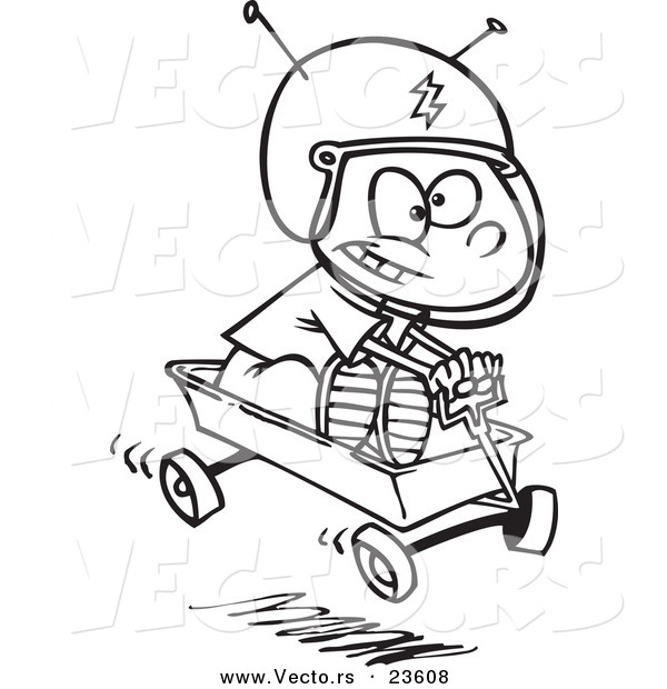 Vector of a Cartoon Boy Pretending to Ride a Space Wagon - Coloring Page Outline