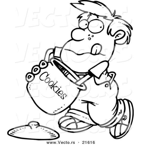 Vector of a Cartoon Boy Reaching in the Cookie Jar - Outlined Coloring Page