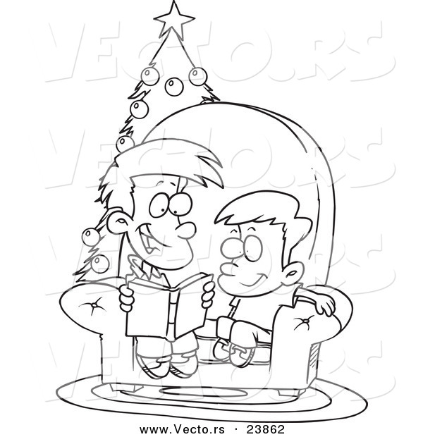 Vector of a Cartoon Boy Reading a Christmas Story to His Little Brother - Coloring Page Outline