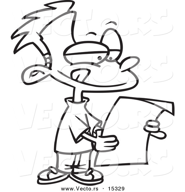 Vector of a Cartoon Boy Reading a Letter - Coloring Page Outline