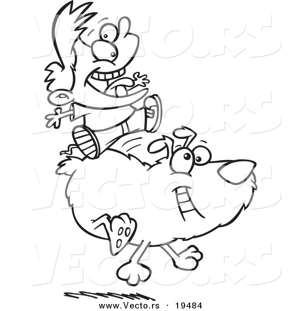 Vector of a Cartoon Boy Riding a Dog - Outlined Coloring Page