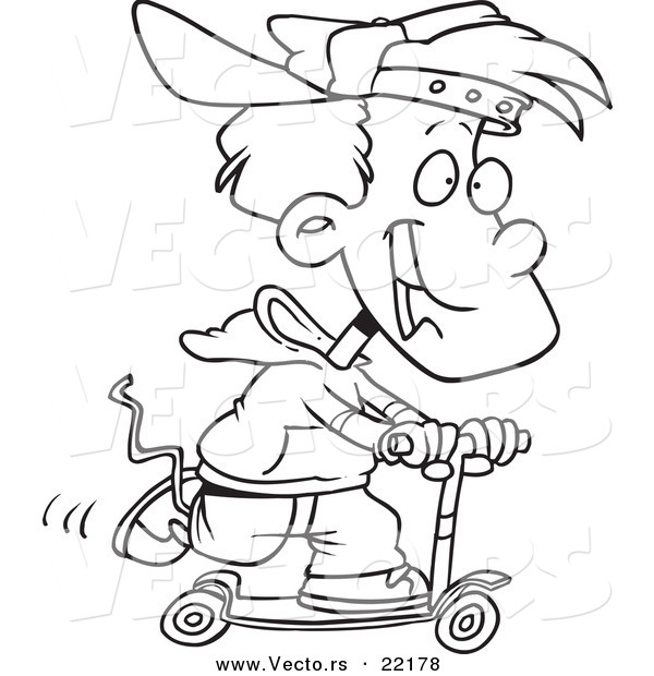 Vector of a Cartoon Boy Riding a Scooter - Outlined Coloring Page