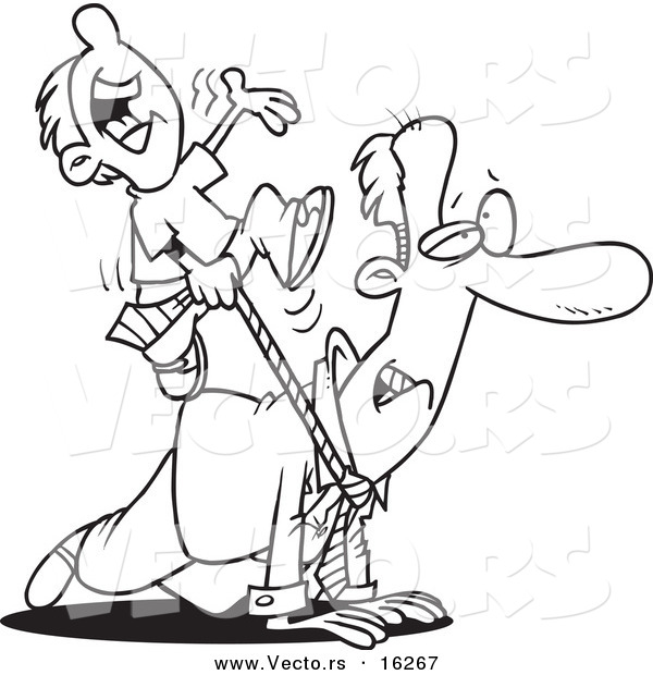 Vector of a Cartoon Boy Riding on His Dad's Back - Outlined Coloring Page Drawing