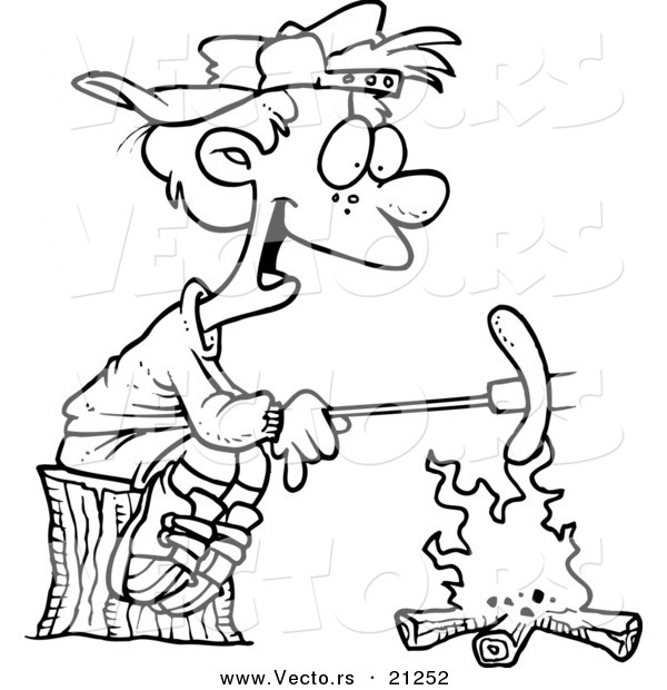Vector of a Cartoon Boy Roasting a Weenie over a Campfire - Coloring Page Outline