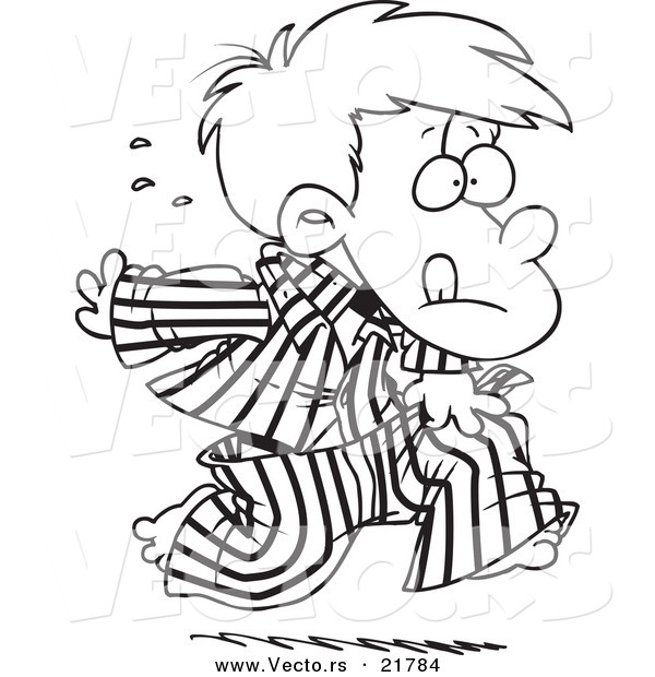 Vector of a Cartoon Boy Running in His Pajamas - Outlined Coloring Page