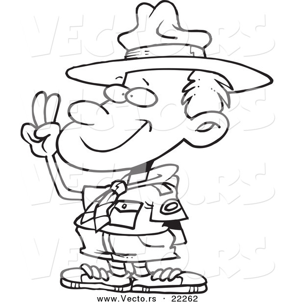 Vector of a Cartoon Boy Scout Taking an Oath - Outlined Coloring Page