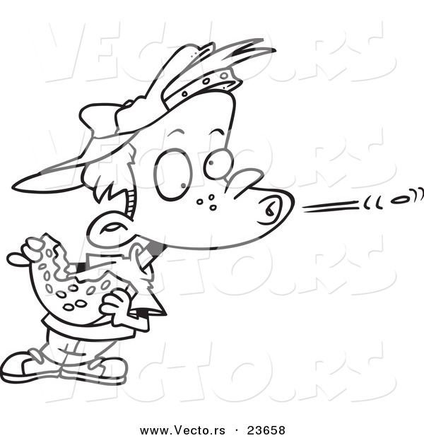 Vector of a Cartoon Boy Spitting a Watermelon Seed - Coloring Page Outline