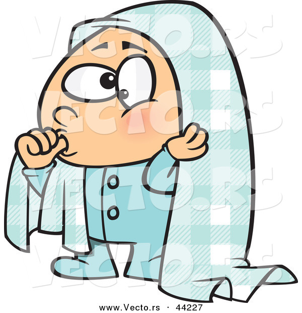 Vector of a Cartoon Boy Sucking His Thumb with a Blanket over His Head