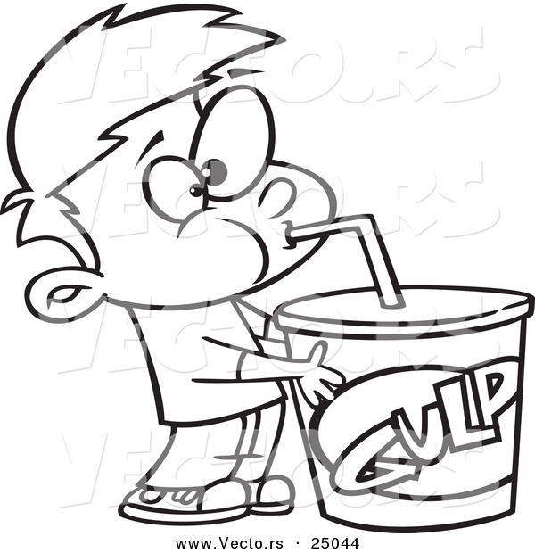 Vector of a Cartoon Boy Taking a Gulp from a Large Fountain Soda - Outlined Coloring Page