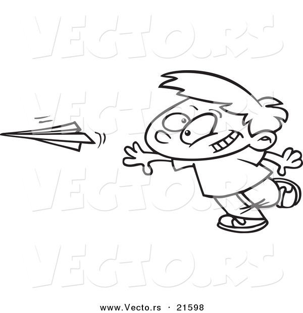 Vector of a Cartoon Boy Throwing a Paper Plane - Outlined Coloring Page
