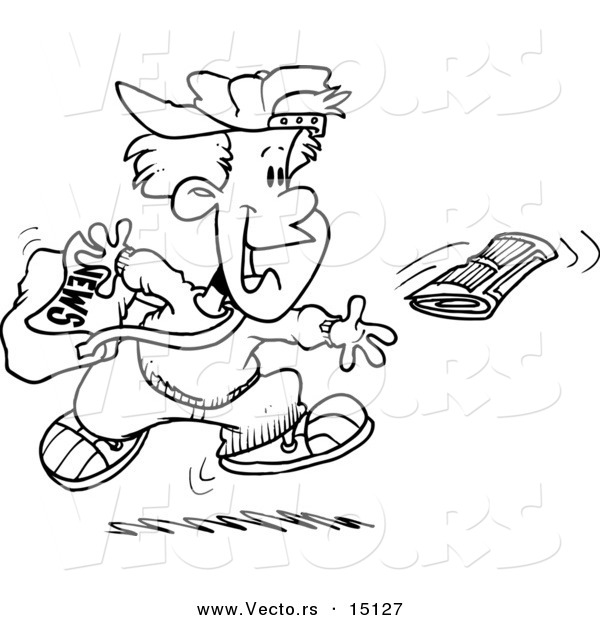 Vector of a Cartoon Boy Tossing a Newspaper - Coloring Page Outline