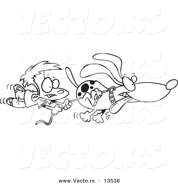Vector of a Cartoon Boy Trailing After a Dog on a Leash - Coloring Page Outline
