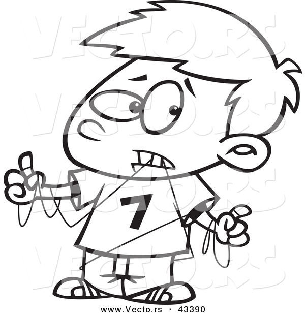 Vector of a Cartoon Boy Trying His Hardest to Dental Floss - Coloring Page Outline