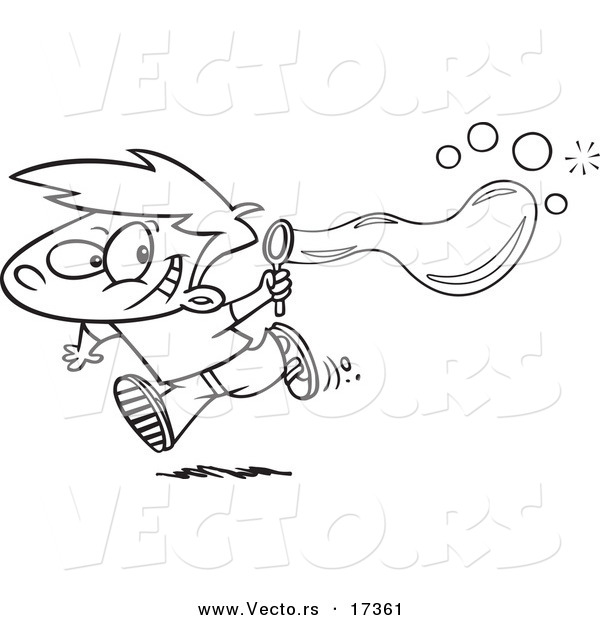 Vector of a Cartoon Boy Using a Bubble Maker - Coloring Page Outline