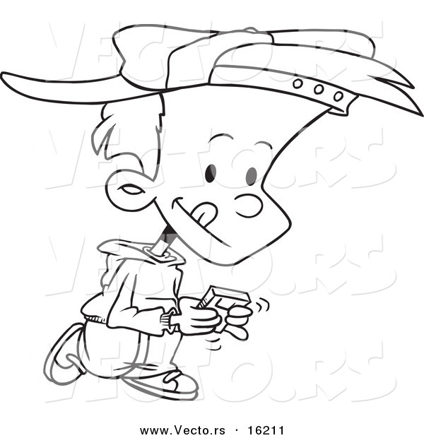 Vector of a Cartoon Boy Walking and Playing a Video Game - Outlined Coloring Page Drawing