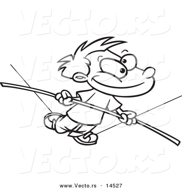 Vector of a Cartoon Boy Walking on a Tight Rope - Coloring Page Outline
