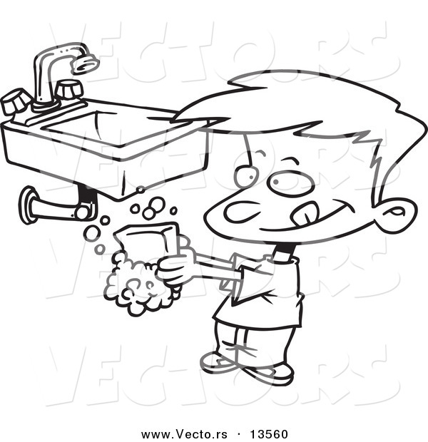 Vector of a Cartoon Boy Washing His Hands with Soap - Coloring Page Outline