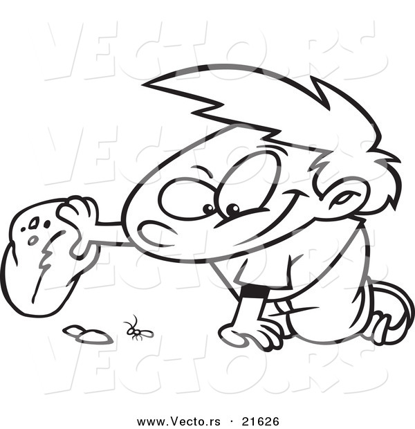 Vector of a Cartoon Boy Watching a Bug Under a Rock - Outlined Coloring Page