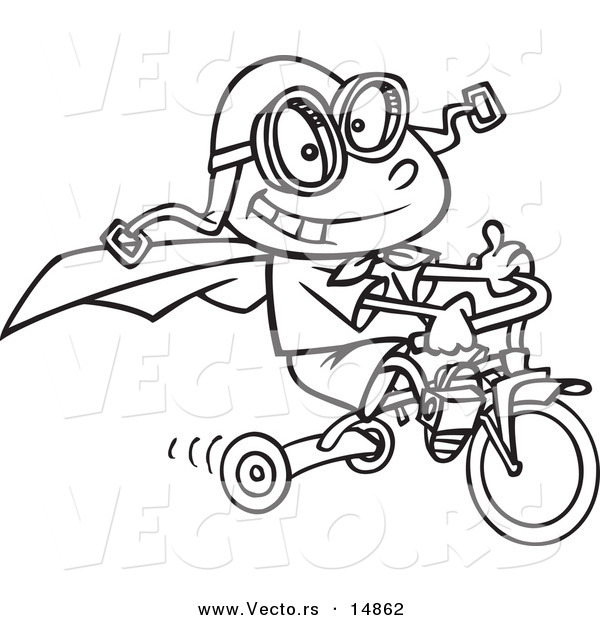 Vector of a Cartoon Boy Wearing a Cape and Goggles While Riding His Trike - Coloring Page Outline