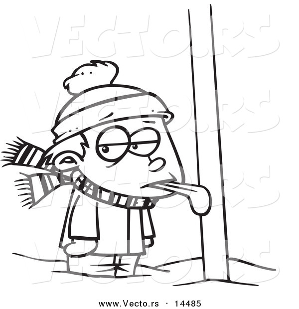 Vector of a Cartoon Boy with His Tongue Stuck to a Pole - Coloring Page Outline
