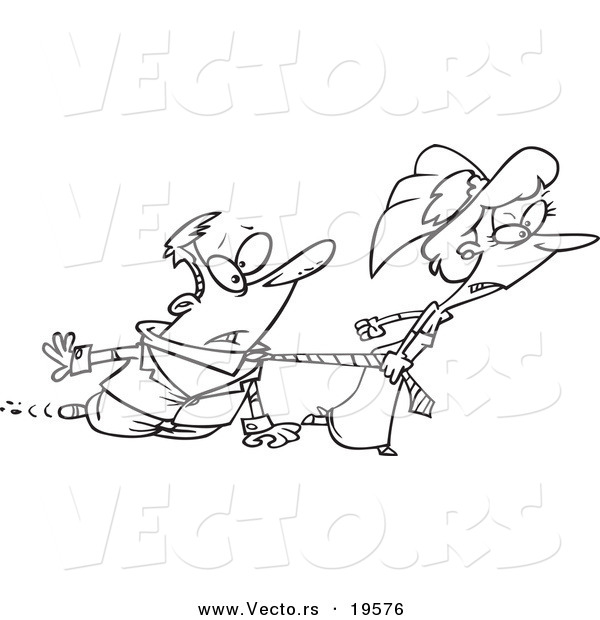 Vector of a Cartoon Bride Dragging Her Groom - Outlined Coloring Page