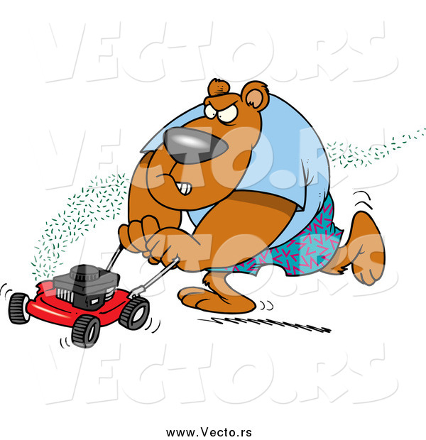 Vector of a Cartoon Brown Bear Mowing His Lawn