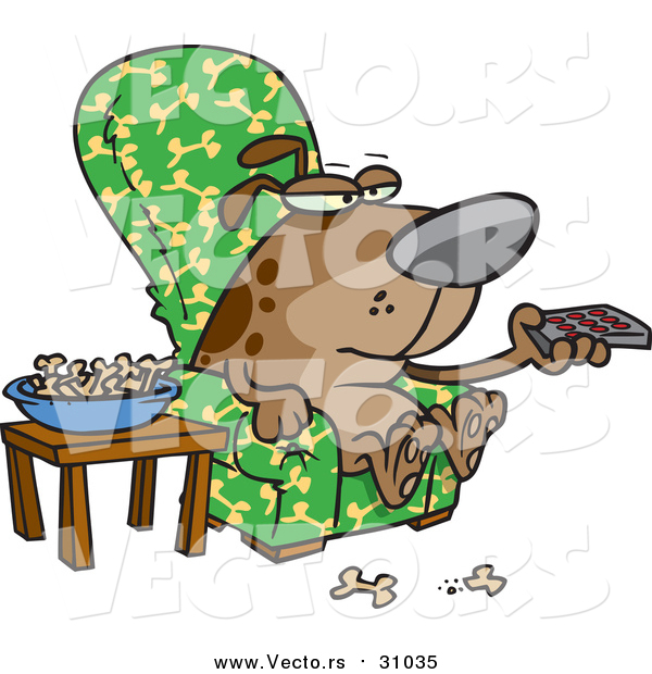 Vector of a Cartoon Brown Dog Munching on Bones and Watching Tv