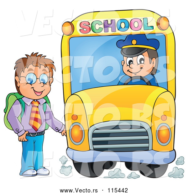 Vector of a Cartoon Brunette White Boy Boarding a School Bus
